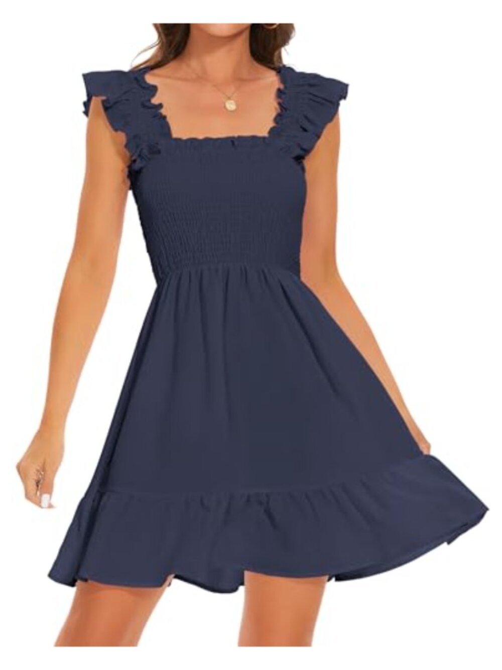 Women's Smocked Tiered Boho Mini Dress Square Neck Ruffle Sleeveless A-Line